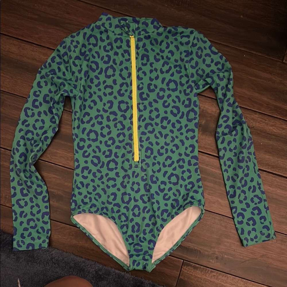 Boden Green and Blue One Piece Swimwear with Leopard Print. Size 9-10